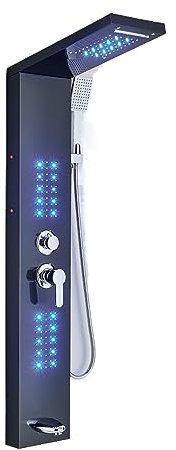 MLHDZ Ensemble mélangeur thermostatique de douche avec panneau de douche à LED noir mat en cascade et pluie, ensemble de baignoire à remous, double poignée avec mélangeur à tour (or) (6002