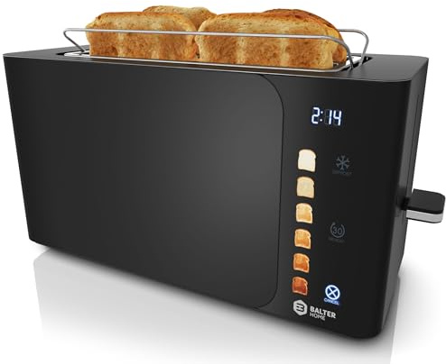 Balter Toaster 4 Scheiben, Touch Bedienung, Langschlitz, Edelstahl, Brötchenaufsatz, LCD Display Langschlitztoaster, Auftaufunktion, Brotzentrierung, TS-44 Schwarz matt