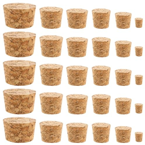 30Pcs 6 Sizes Cork Stoppers, Wooden Tapered Cork Plugs, Small Glass Stoppers for Sealing Wine Beer Bottles Crafts Glass Bottle