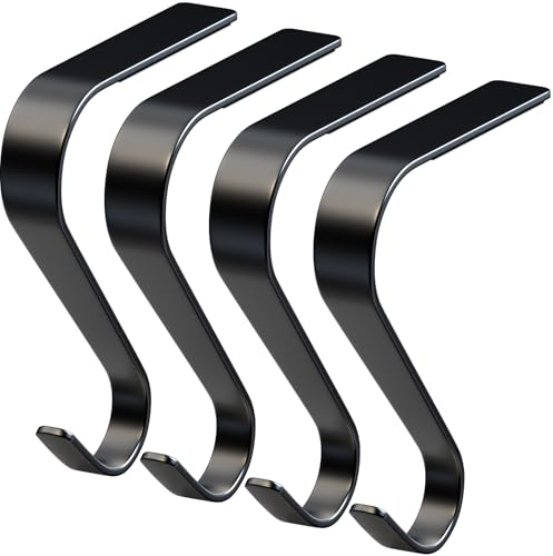 Christmas Stocking Holders for Mantle Set 4, Non-Slip & Scratch-Free Stocking Holder for Fireplace Christmas Decorations, Upgrade Lightweight Mantle Stockings Hangers Hooks for Xmas Decor (Black)