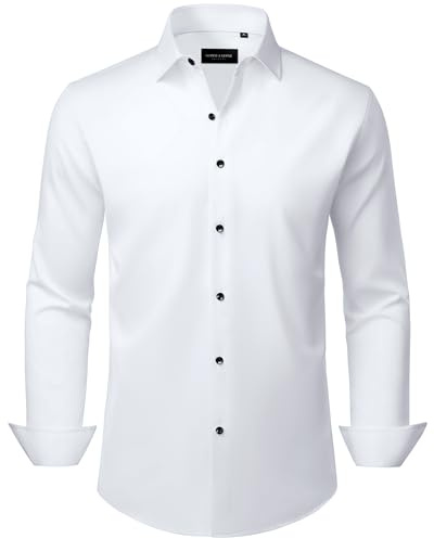 Alimens & Gentle Men's Fashion White Long Sleeve Shirt Stretch Business Casual Regular Fit Button Down Dress Shirts XL