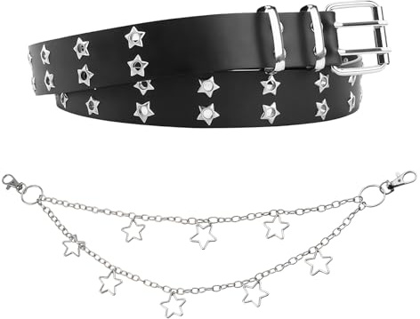 Tastetreasure Set di accessori Y2K da donna, cintura nera borchiata con occhielli a stella e catena a stella staccabile a strati, cintura estetica gotica punk grunge per costumi di Halloween, feste