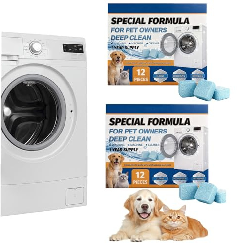 Limpiador de lavadora para dueños de mascotas, removedor de pelo de mascotas, descalcificador de limpieza profunda para pelo de gato y perro, residuos, 12 tabletas seguras para carga superior