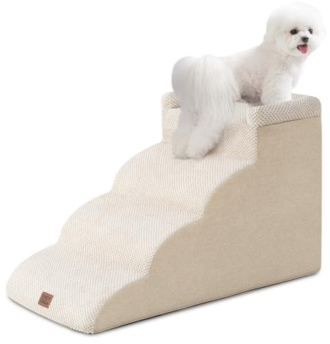 EHEYCIGA Escalera Perros 4 Peldaños, Rampa Perro Cama y Sofá, Beige | Espuma Alta Densidad, Base Antideslizante, Funda Lavable, 40x79.5x44.5 cm, para Perros Pequeños y Grandes, Mascotas Mayores