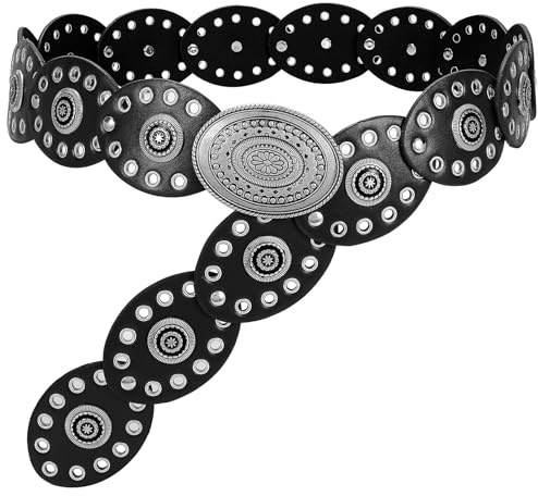 WHIPPY Women's Boho Disc Belt Hollow Wide Western Leather Belt Vintage Cowgirl Concho Chunky Waist Belts for Dresses Jeans