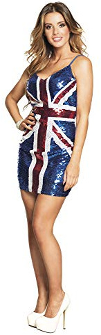 Boland 87151 – paljettklänning Dazzle England, storlek M, glänsande miniklänning, diskoflicka, dansande drottning, kostym, karneval, temafest