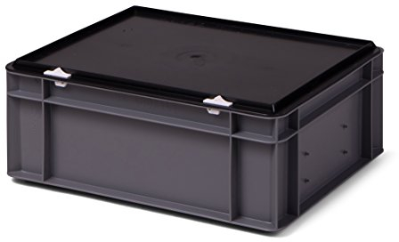 Kunststoff-Stapelbox/Lagerbehälter, grau, mit schwarzem Verschlußdeckel, 400x300x156 mm (LxBxH), stabile Industrie-Ausführung!