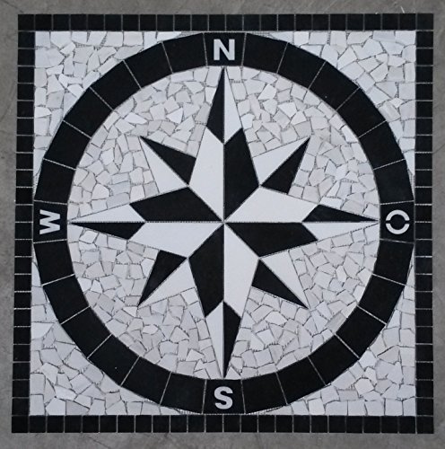 Bodenfliese Schwarz Rosone Rosette Marmor Naturstein 90x90 cm Windrose Mosaik Einleger Weiss 049