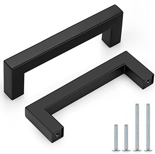 Probrico 5 Pack Matte Black Bar Cabinet Pulls 3 3/4 Hole Centers Stainless Steel Square Dresser Drawer Pulls Handles Bedroom Closet Kitchen Modern Furniture Hardware