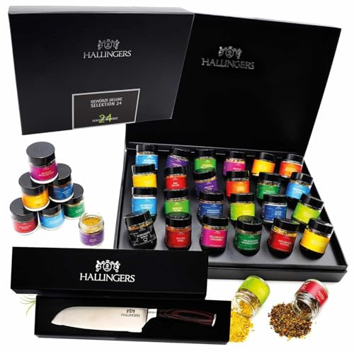 Hallingers Genuss Manufaktur Gewürze Geschenkset mit Santoku-Messer – 24 Premium Gewürze aus aller Welt, edle Geschenkbox, handgemacht, ideale Geschenkidee für Männer & Frauen, auch zu Weihnachten