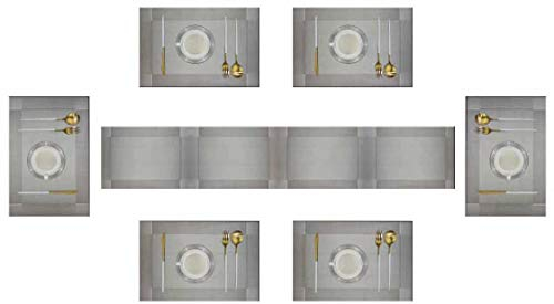 6er Platzdeckchen (6er + Tischläufer),Eageroo rutschfest Tischmatten aus PVC Abgrifffeste Hitzebeständig Abwaschbar Tischsets (6er Platzsets + Tischläufer, Grau)