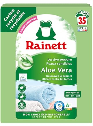 RAINETT - Lessive Poudre Peaux Sensibles - Formule Hypoallergénique - Tensioactifs d'Origine Végétale - Carton Recyclé & Recyclable - Ecolabel - Aloe Vera - 35 Lavages - 2,345 kg