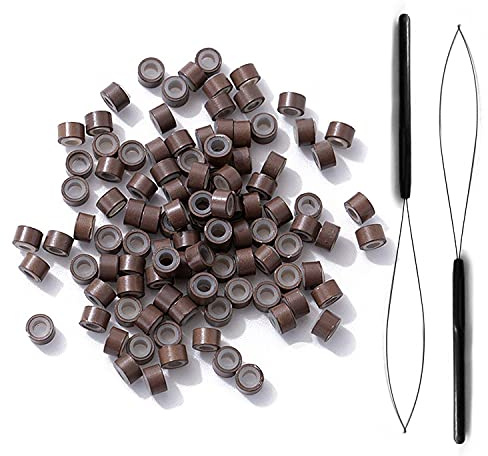 Lot de 300 perles de 5 mm doublées en silicone pour coller des extensions de cheveux humains et 2 extensions de cheveux - Enfile-aiguille - Outil de tirage pour cheveux ou extensions de plumes marron