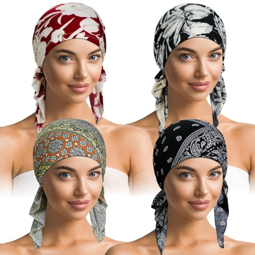 Oumrote Lot de 4 foulards chimio en coton doux pour femme, extensibles, pré-noués pour le cancer, Style 4, taille unique