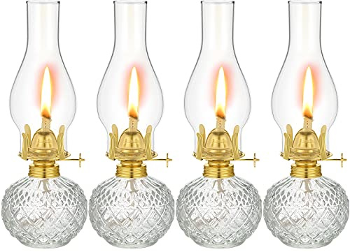 Riakrum 4 Pieces Large Chamber Oil Lamp for Indoor Use, Glass Kerosene Oil Lamp Lantern Vintage Hurricane Wick Light Classic Chamber Fuel Light Lantern for Home Tabletop Decor Emergency Lighting