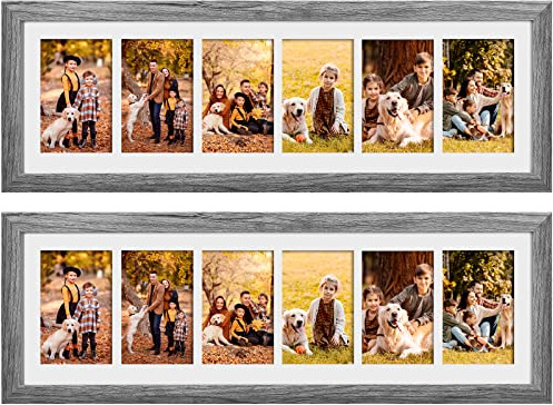 Chunful 2 Pcs 28.4 x 9.5 Inches Collage Picture Frames for Wall Multiple 4 x 6 Inch Wood Picture Frame Display 6 Opening Multi Photo Frame with Acrylic Screens Horizontal and Vertical(Gray)