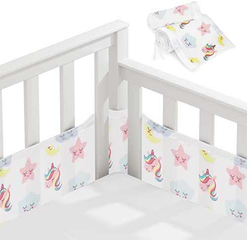 Vicloon Bettumrandung Nestchen, Nestchen für Kinderbetten Kantenschutz Baby Babybett, Kopfschutz Babybett Umrandungen, Atmungsaktive Polsterung, Rausfallschutz für Babybett Gitterstäbe-Einhorn