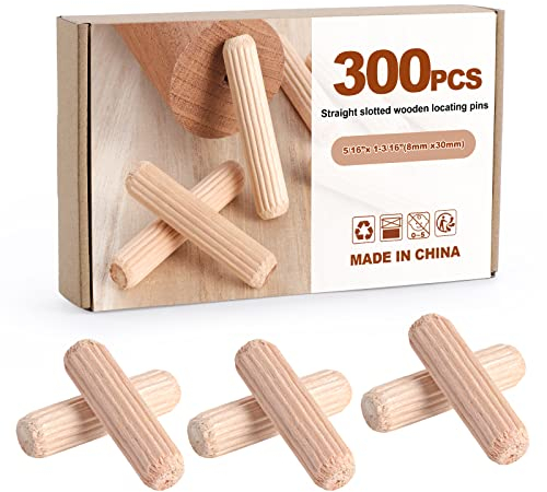 Kinsinder 300Pcs Holzdübel Set, 8x30mm aus hartem Massivholz, gerillte Dübelstifte für Reparatur von Möbeln, Handwerksprojekten, Heimwerker (300 Stück 8x30mm)