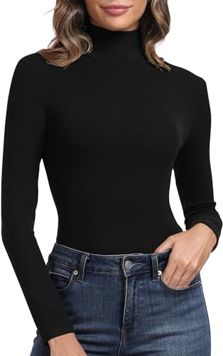 PALINDA Camisas de manga larga con cuello alto acanalado para mujer, básicas, ajustadas, térmicas, Negro -, M