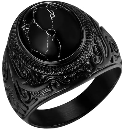 Flongo Black Onyx Stone Rings: Gothic Artificial Tiger Eye Stone Signet Ring for Men Punk Stainless Steel Biker Rings Classic Jewelry Gift for Men Size 12