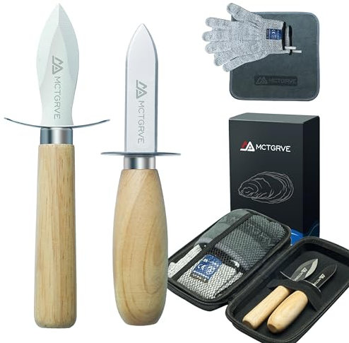 MCTGRVE Juego de cuchillo y guantes para desmenuzar ostras, kit de batidor de ostras con 2 cuchillos de ostra, 1 par de guantes de protección Level5, 1 paño de cocina, herramientas de abridor de