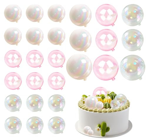 HDGSAFD Lot de 27 boules de décoration de gâteau - Accessoires de décoration de gâteau - Boules de gâteau pastel - Inserts transparents - Accessoires décoratifs pour gâteau (rose, transparent, blanc)