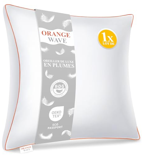 Orange Wave Oreiller Plume 60x60 - Coussin de Luxe 60x60 cm en Duvet et Plume, Qualité Hôtelière et Confort Oreiller Moelleux, Certifié RDS et Oeko-TEX pour Un Soutien Optimal