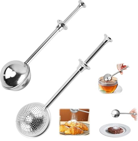 GUOYOU 2 Pack Powdered Sugar Shaker Duster, Flour Sifter with Spring Operated Handle, Stainless Steel Small Strainer, Fine Flour Duster, for Baking, Sifting Sugar, Flour, Spices and Tea Strainers