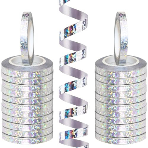 waziwe 240 metri, stelle filanti per compleanno, 24 scintillii in argento, perfetto per decorazione di matrimonio, compleanno, Capodanno, nastro regalo, nastro per palloncini (argento)