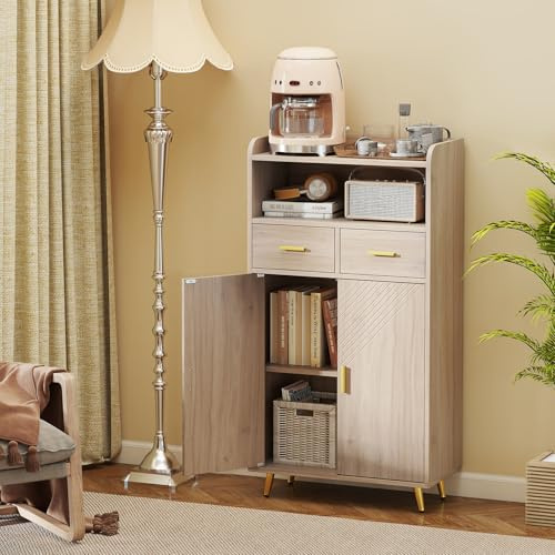 COSTWAY Multifunktionsskåp med dubbeldörr, 2 lådor, justerbar hylla, vardagsrumsskåp för kök badrum vardagsrum hall, trä, köksskåp, förvaringsskåp, 60 x 30 x 113 cm (grå)