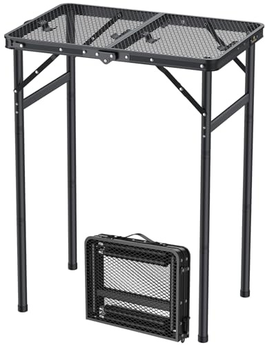 FUNYKICH Mesa Plegable para Barbacoa con Rosca 60x40cm 3 Alturas Ajustables (27/51/75cm), Superficie de Malla Resistente al Calor y Agua con Asa de Transporte, para Camping, Jardín y Fiestas