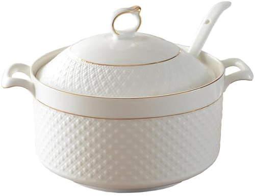 Kastrull, keramisk soppterrin, rund, gulddesign, soppgryta med lock och slev, stor kapacitet, non-stick-belagd serveringsskål för sallad, pasta, nudlar, gryta,