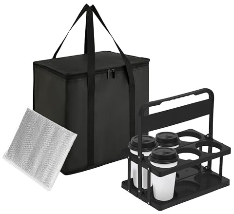 Reusable 6 Cup Drink Carrier with Handle and Insulated Food Delivery Bag, Portable Plastic Cup Caddy, 26L Grocery Cooler Box for Car Delivery, Travel, Picnic(Black)
