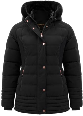 Spindle Women's Designer Warm Winter Parka Quilted Hooded Long Coat Jacket- Fleece Lined Body Zip Pockets