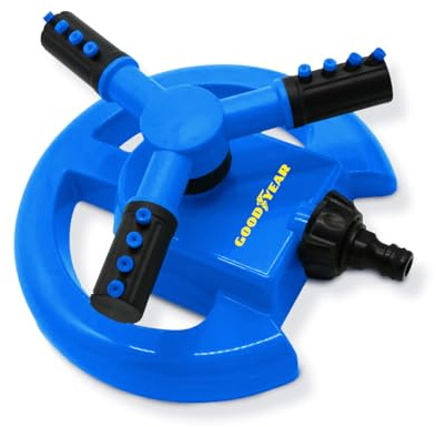 Goodyear - Aspersor de Riego para Jardín 360º con 3 Brazos y 12 Boquillas, Alcance Ajustable hasta 13'5 m, Cobertura 70–140 m², Conexión 1/2”, Presión 2,10 Bar, Modelo Circular