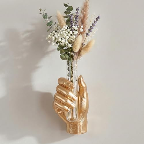 Gold Wall Art Decor Hand Vase, Unique 3D Wall Sculptures Mount Vases for Flowers, Contemporary Gallery Art Whimsical Home Indoor Outdoor Decor Accent, Dimensional Hand Sculpture, Glass Test Tube