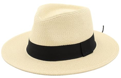 Sombrero Panamá de Verano, Sombrero de Paja Panamá para Mujer y Hombre Unisex, Sombrero de ala Ancha UPF 50 Plegable y Trenzado Intensivo (FR/ES, Números, 59, Beige Cinta Negra Simple)