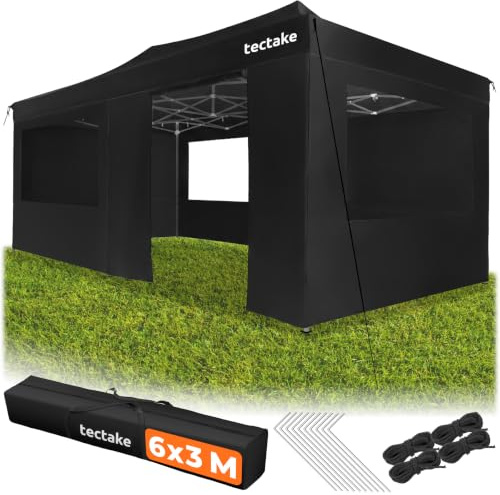 tectake® Carpa Plegable 600 x 300 x 290-316 cm, Cenadores para Jardin, 6 Paneles Laterales Desmontables, 3 Ventanas, Carpas para Exteriores, Pergolas de Jardin, Carpa Playa, Toldo Playa - Negro