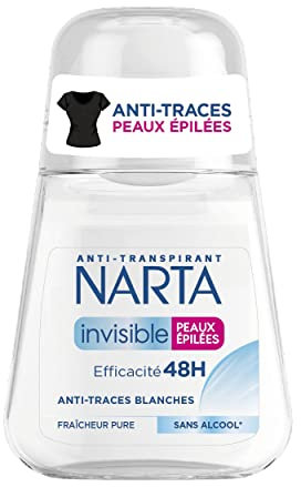 NARTA - Invisible Peaux Épilées - Déodorant Femme Bille - Efficacité Anti-Odeurs 48H - Anti-Traces Blanches - 0% Alcool - Fraîcheur Pure - 50 ml