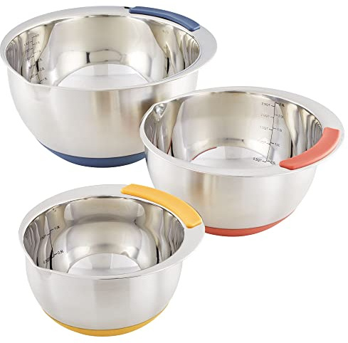 Ayesha Curry Kitchenware Pantryware Stainless Steel Nesting Mixing Bowls, 3-Piece Set, Silver with Color Accent Handles