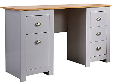 Home Source Office Computer Desk, Dressing Table, 4 Drawers, 1 Cupboard, Oak Effect top, Grey