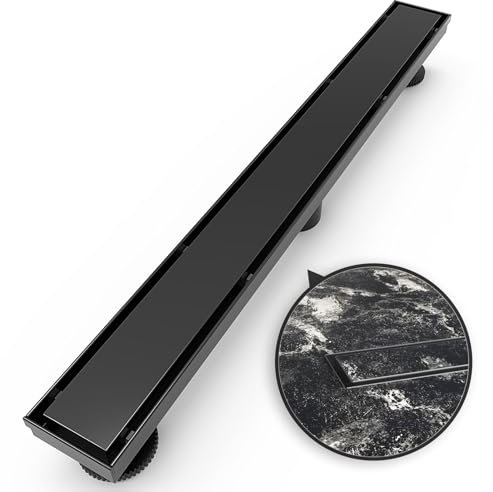 WEBANG 28 Inch Linear Shower Drain Rectangular Floor Drain with Accessories Reversible 2-in-1 Cover Tile Insert Grate Removable SUS304 Stainless Steel CUPC Certified Matte Black