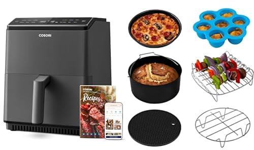 COSORI Smart Air Fryer Oven Dual Blaze 6.4L & Air Fryer Accessories Set, Fit All of Brands 5.5 L, Pack of 6 Including Cake Pan/Pizza Pan/Metal Holder/Multi-Purpose Rack with Skewers/Silicone Mat