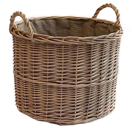Arthur Cameron Deluxe Circular Wicker Log Basket with Handles & Lining - Large Wicker Storage Basket, Round Log Basket, Round Basket (Medium, Antique Wash)