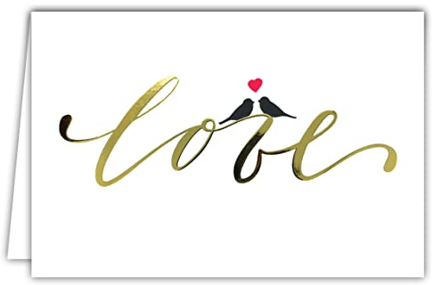 69-5149 Carte LOVE en Or Doré Brillant Je t'aime Saint Valentin 14 février Félicitations Mariage Union Couple PACS Oiseaux Amoureux Style Chic élégant épuré avec Enveloppe Blanche Format 17,5x12cm