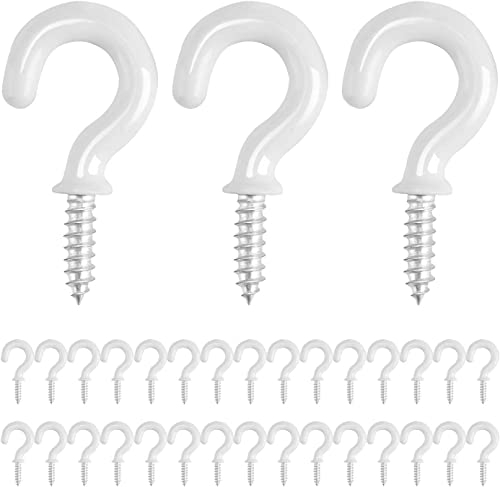 Oumuik 30Pcs White Cup Hooks, 1/2 inch Metal Ceiling Hooks, Heavy Duty Screw in for Hanging Plants, Garden & Wood