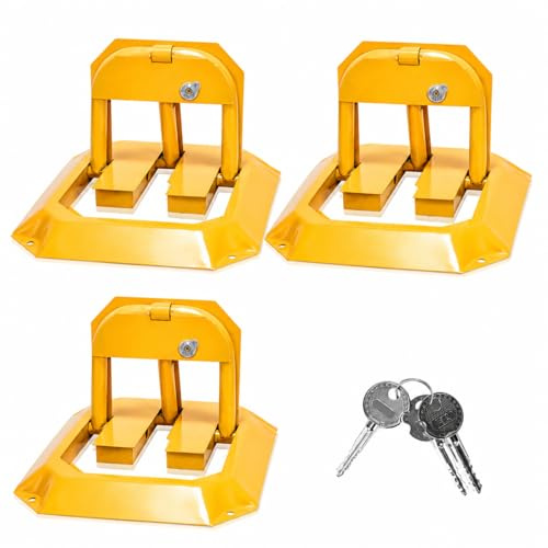 Uggleke parkeringsspärr 3 x parkeringsspärr med 9 nycklar, fällbara parkeringsplintar med 12 expansionsskruvar, universellt parkeringslås poller låsbar i metall gul, parkeringsspärr