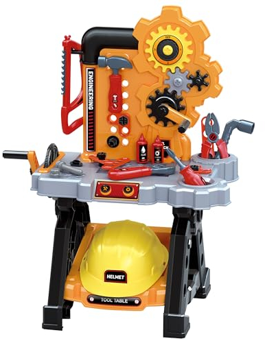 Neatki Kinder Werkbank mit Stimulationswerkzeugen, drehbaren Zahnrädern, schiebender Säge und Ingenieurshut, 44-teiliges Zubehörset – für Kinder ab 3 Jahre (Orange)