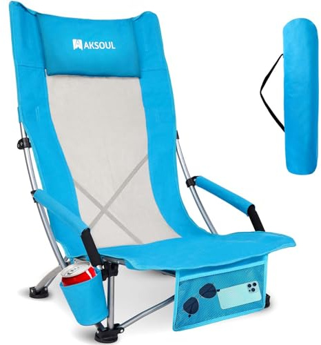 High Back Low Beach Chair: Folding Lightweight Chairs with Packable Bag for Adults - Portable Foldable Wide Seat Sand Chair for Outdoor Concert Lawn Ground Camping Backpack Travel