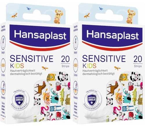 Hansaplast Kinderpflaster Sensitive (20 Strips), Wundpflaster mit niedlichen Tiermotiven zum Aufmuntern, schmerzlos zu entfernendes Pflaster Set (Packung mit 2)